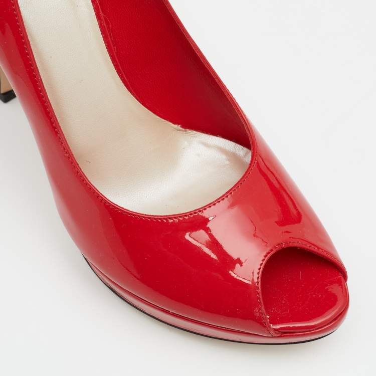 مملوكة مسبقًا Dior Navy Red Patent Leather Miss Dior Peep-Toe Pumps Size 38.5