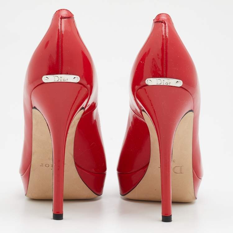 مملوكة مسبقًا Dior Navy Red Patent Leather Miss Dior Peep-Toe Pumps Size 38.5