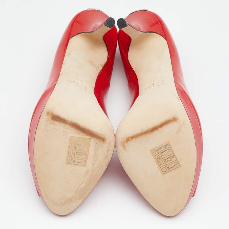 مملوكة مسبقًا Dior Navy Red Patent Leather Miss Dior Peep-Toe Pumps Size 38.5