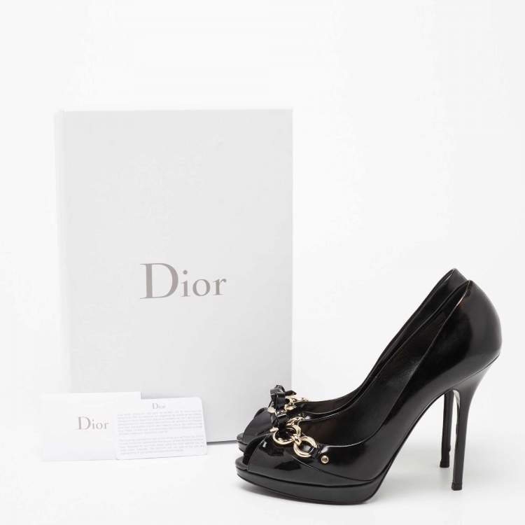 Pre Owned Dior Black Patent Leather Bow Chain Detail Peep Toe Pumps Size 39