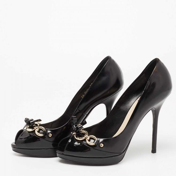 Pre Owned Dior Black Patent Leather Bow Chain Detail Peep Toe Pumps Size 39