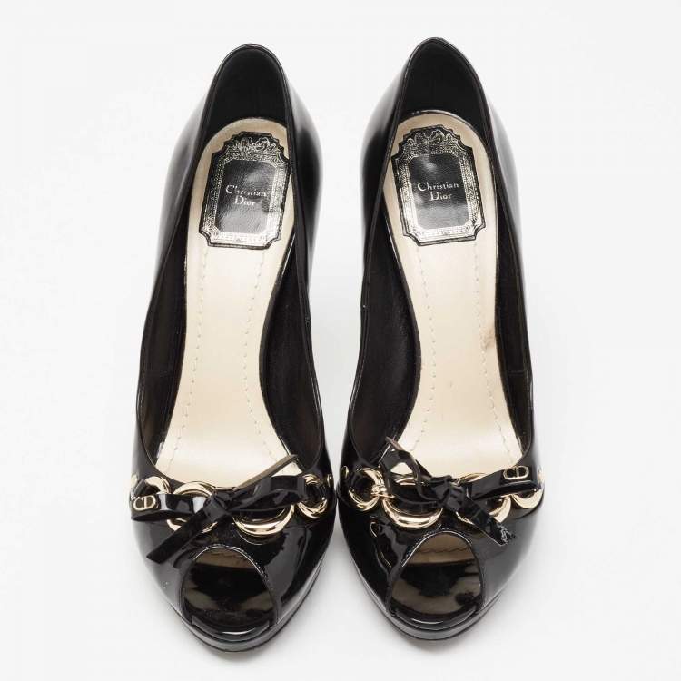 Pre Owned Dior Black Patent Leather Bow Chain Detail Peep Toe Pumps Size 39