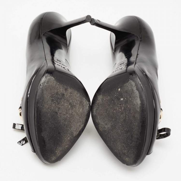 Pre Owned Dior Black Patent Leather Bow Chain Detail Peep Toe Pumps Size 39