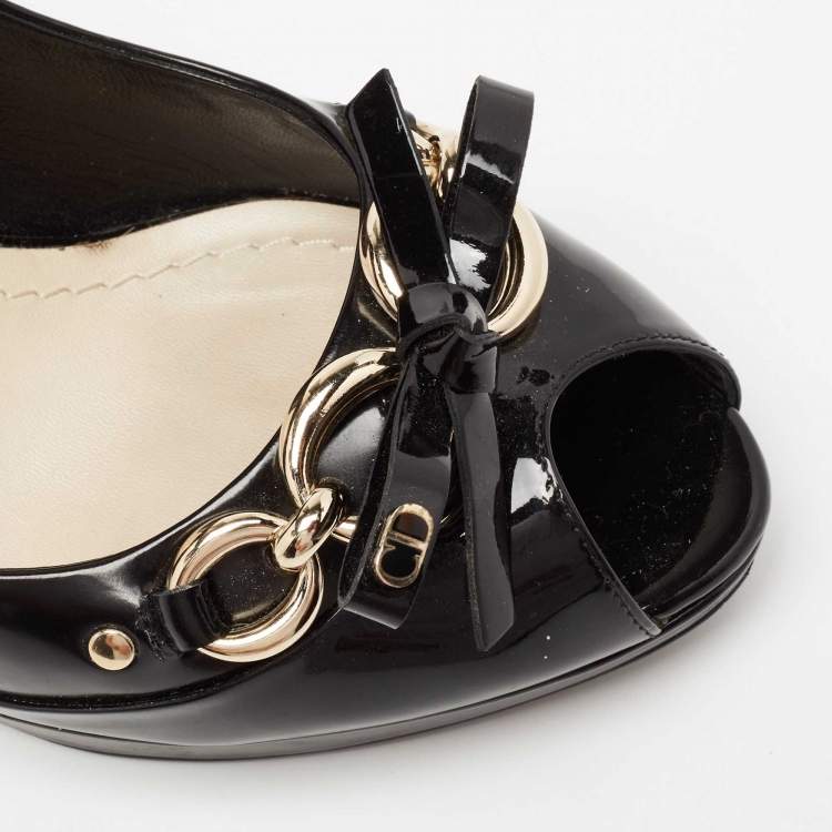 Pre Owned Dior Black Patent Leather Bow Chain Detail Peep Toe Pumps Size 39