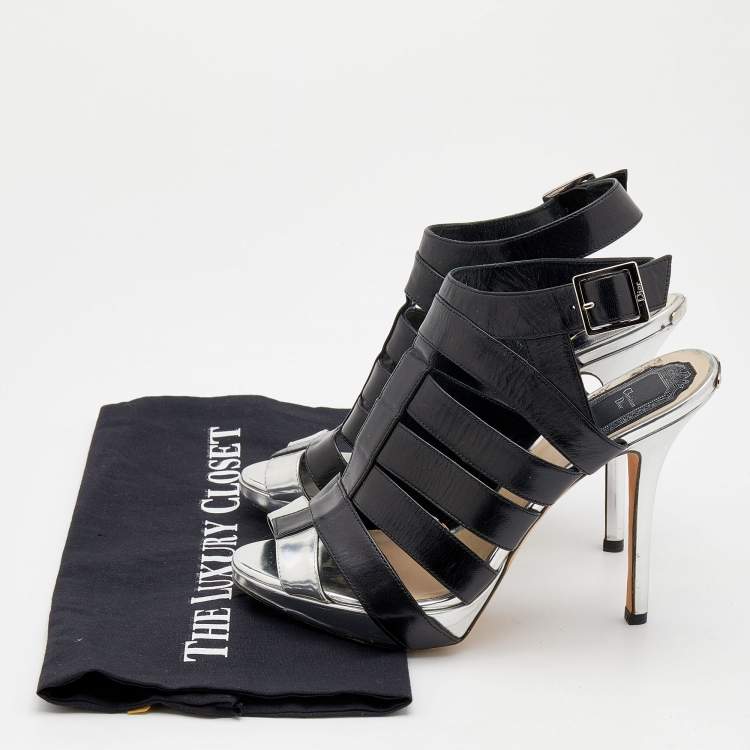 مملوكة مسبقًا Dior Black/Silver Leather Strappy Platform Sandals Size 37