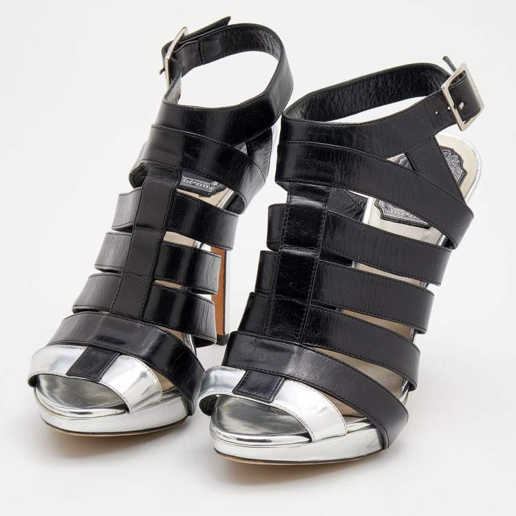 مملوكة مسبقًا Dior Black/Silver Leather Strappy Platform Sandals Size 37