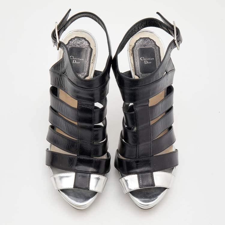 مملوكة مسبقًا Dior Black/Silver Leather Strappy Platform Sandals Size 37