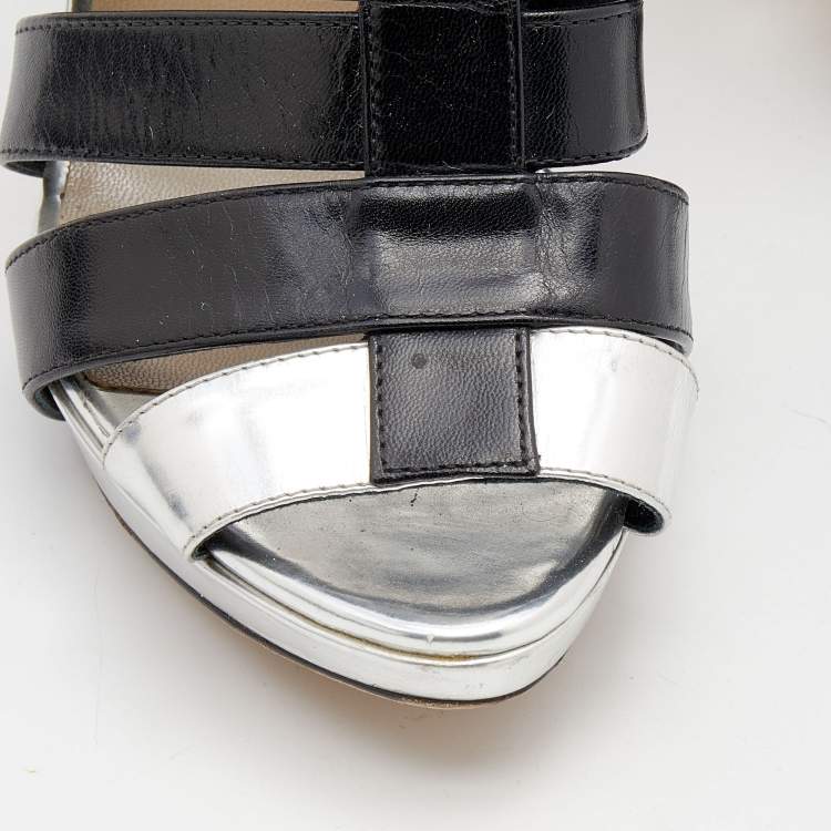 مملوكة مسبقًا Dior Black/Silver Leather Strappy Platform Sandals Size 37