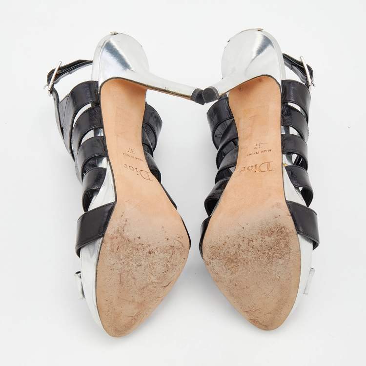 مملوكة مسبقًا Dior Black/Silver Leather Strappy Platform Sandals Size 37