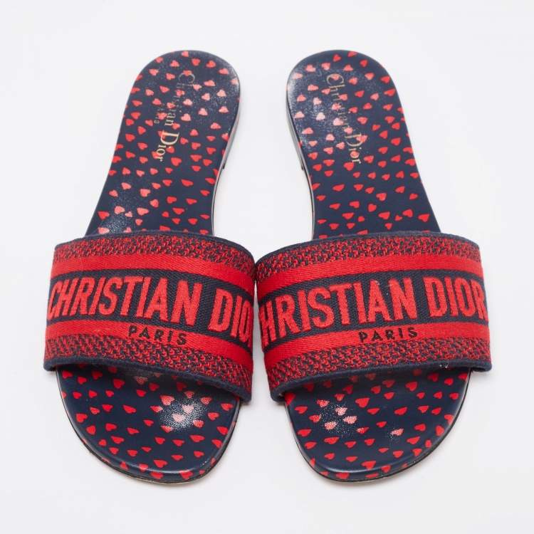 Pre Owned Dior Red/Navy Blue Embroidered Canvas Dway Flat Slides Size 40