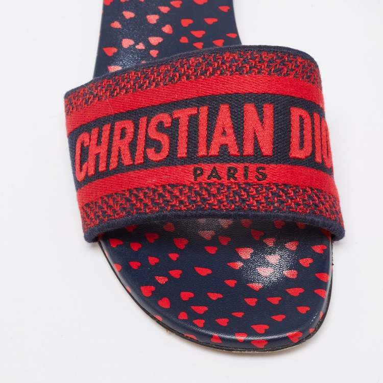 Pre Owned Dior Red/Navy Blue Embroidered Canvas Dway Flat Slides Size 40