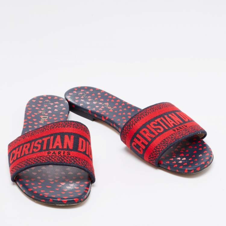 Pre Owned Dior Red/Navy Blue Embroidered Canvas Dway Flat Slides Size 40