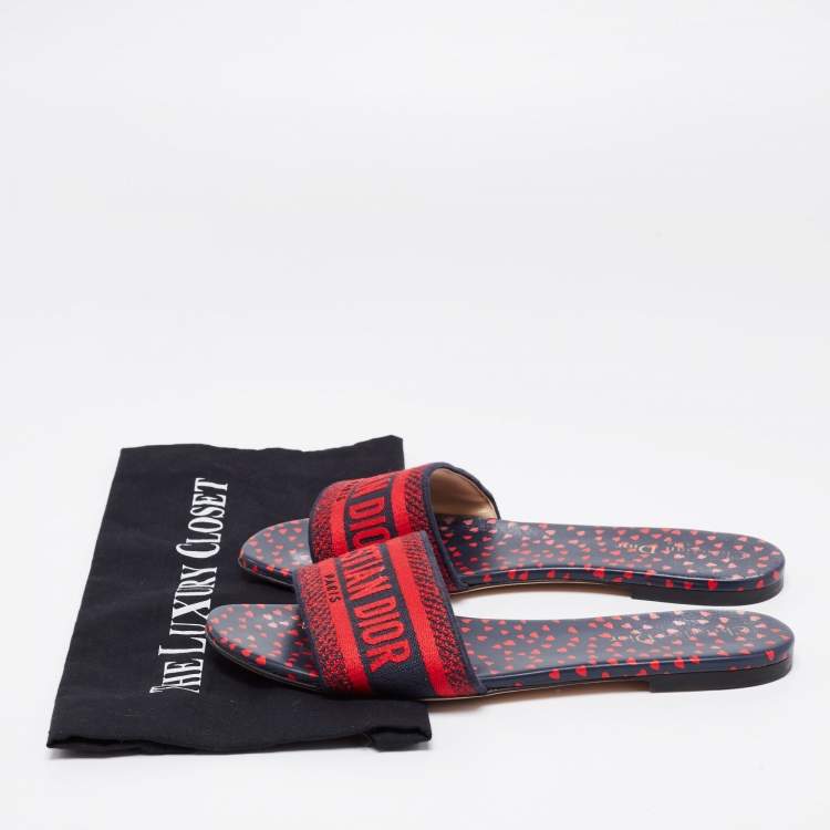 Pre Owned Dior Red/Navy Blue Embroidered Canvas Dway Flat Slides Size 40