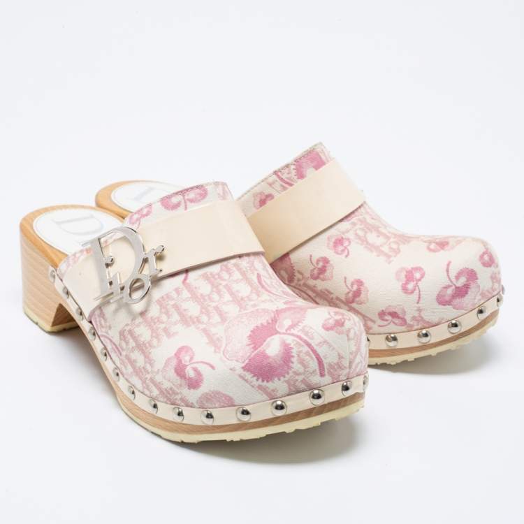 Pre Owned Dior Pink/White Diorissimo Canvas And Patent Leather Trim Clog Mules Size 37