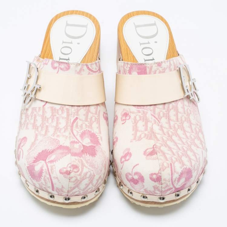 Pre Owned Dior Pink/White Diorissimo Canvas And Patent Leather Trim Clog Mules Size 37
