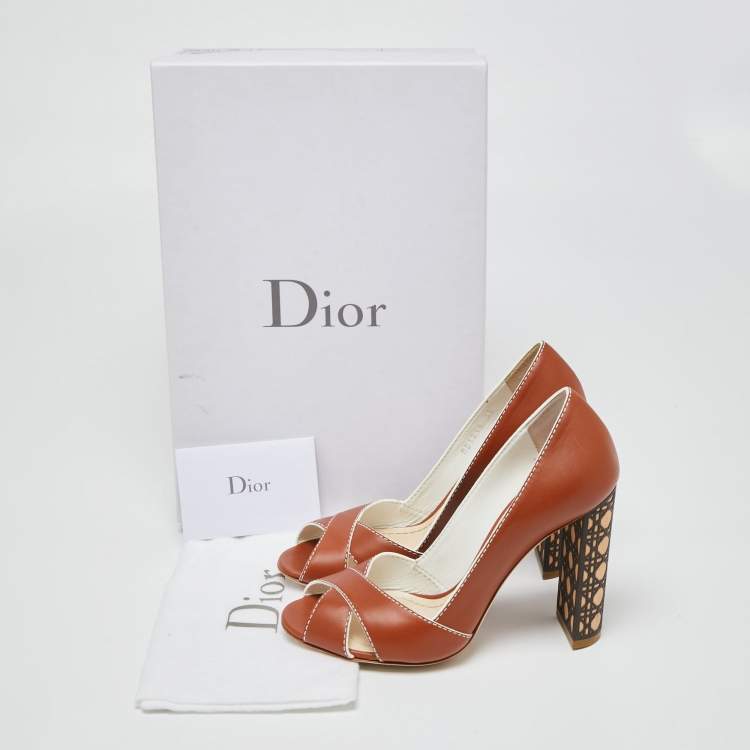 Pre Owned Dior Brown Leather Criss Cross Cannage Heel Peep Toe Pumps Size 36