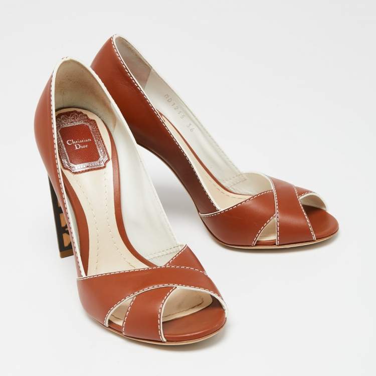 Pre Owned Dior Brown Leather Criss Cross Cannage Heel Peep Toe Pumps Size 36