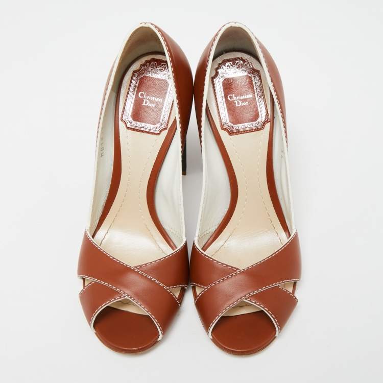 Pre Owned Dior Brown Leather Criss Cross Cannage Heel Peep Toe Pumps Size 36