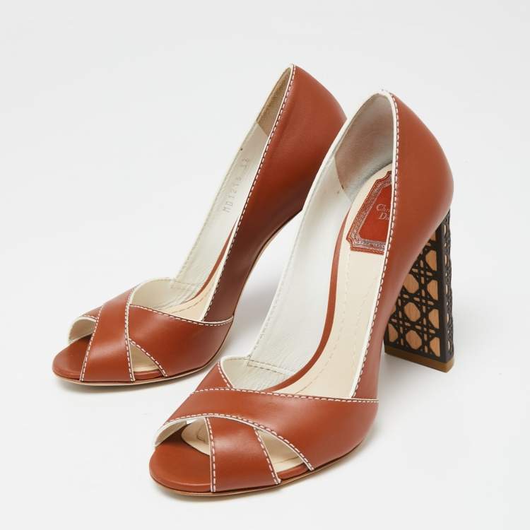 Pre Owned Dior Brown Leather Criss Cross Cannage Heel Peep Toe Pumps Size 36