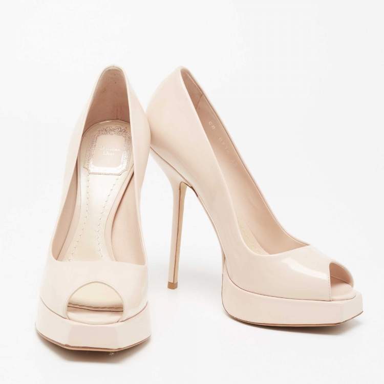 Pre Owned Dior Cream Patent Leather Peep Toe Pumps Size 38
