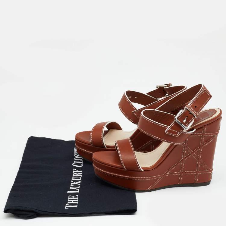 Pre Owned Dior Brown Leather Yacht Platform Wedge Sandals Size 37