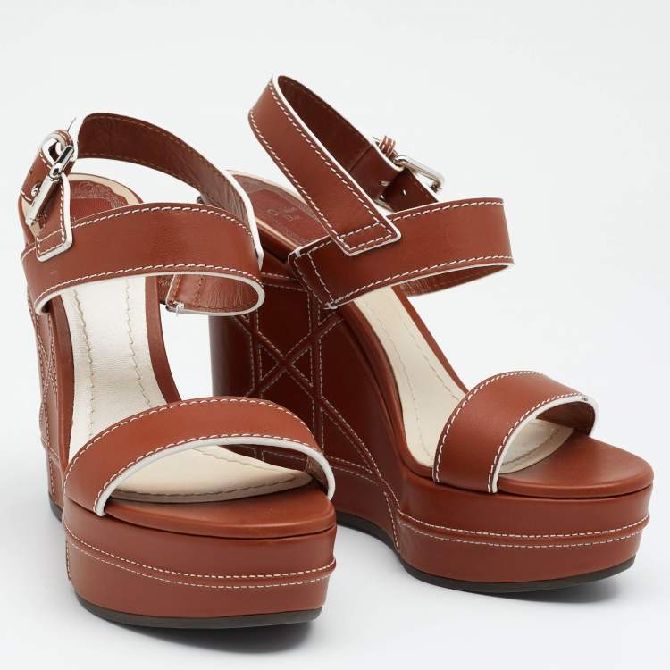 Pre Owned Dior Brown Leather Yacht Platform Wedge Sandals Size 37