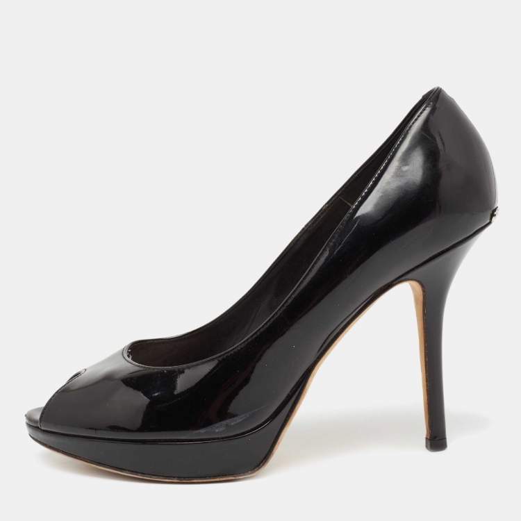 Pre Owned Dior Black Patent Leather Miss Dior Peep Toe Platform Pumps Size 38.5 