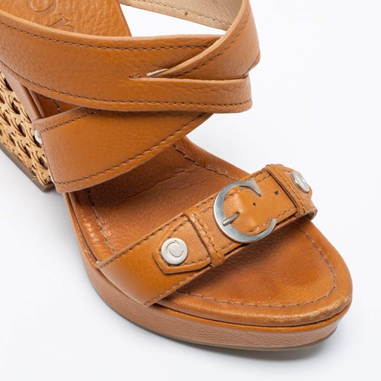 Pre Owned Dior Brown Leather Crisscross Block Heel Slide Sandals Size 37.5