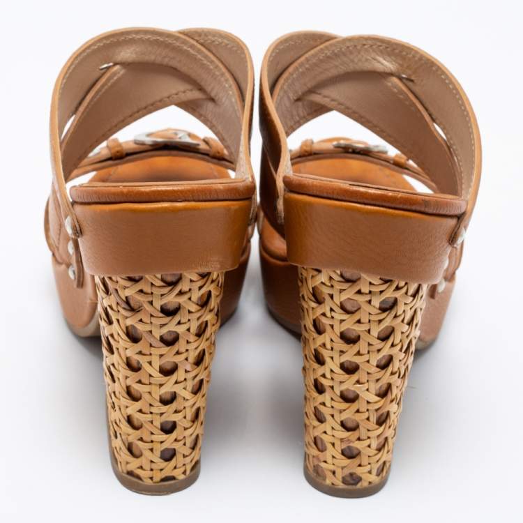 Pre Owned Dior Brown Leather Crisscross Block Heel Slide Sandals Size 37.5
