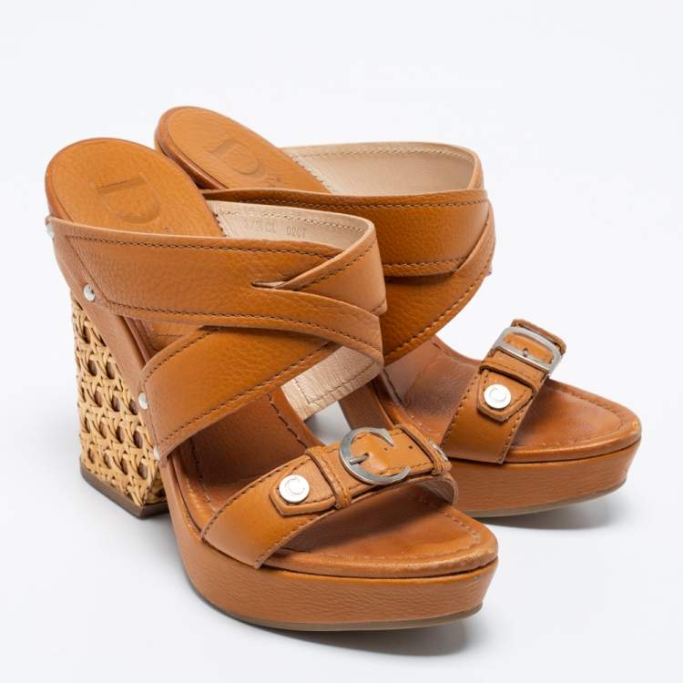 Pre Owned Dior Brown Leather Crisscross Block Heel Slide Sandals Size 37.5