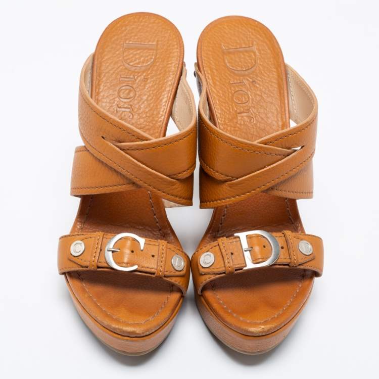 Pre Owned Dior Brown Leather Crisscross Block Heel Slide Sandals Size 37.5