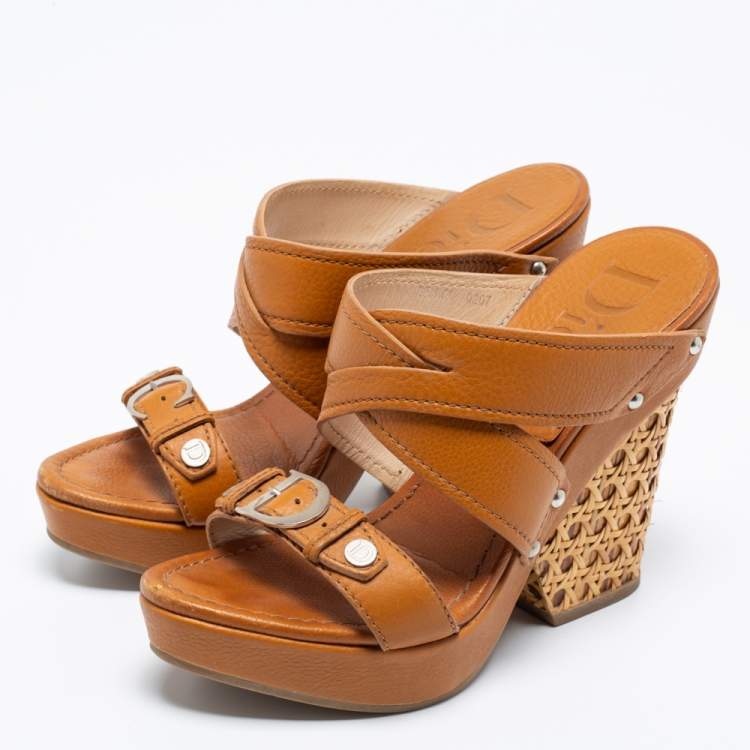 Pre Owned Dior Brown Leather Crisscross Block Heel Slide Sandals Size 37.5
