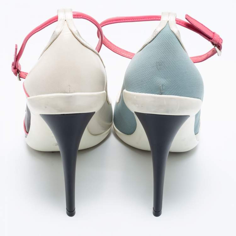 Pre Owned Dior Multicolor Mesh and Leather Pointed-Toe Ankle Strap Pumps Size 39