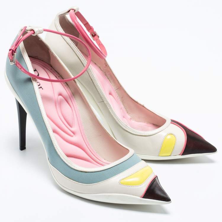 Pre Owned Dior Multicolor Mesh and Leather Pointed-Toe Ankle Strap Pumps Size 39