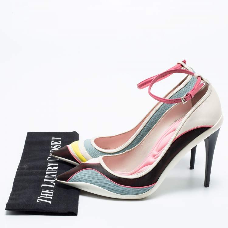 Pre Owned Dior Multicolor Mesh and Leather Pointed-Toe Ankle Strap Pumps Size 39