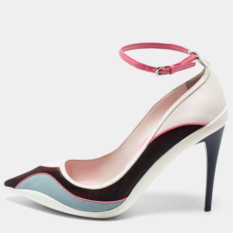 Pre Owned Dior Multicolor Mesh and Leather Pointed-Toe Ankle Strap Pumps Size 39