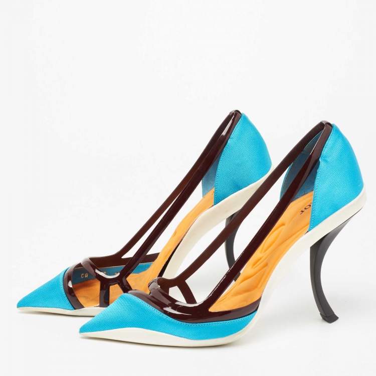 Pre Owned Dior Blue/Dark Burgundy Canvas and Patent Leather Curved Heel Pumps Size 38.5