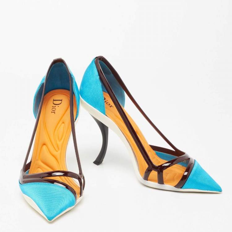 Pre Owned Dior Blue/Dark Burgundy Canvas and Patent Leather Curved Heel Pumps Size 38.5