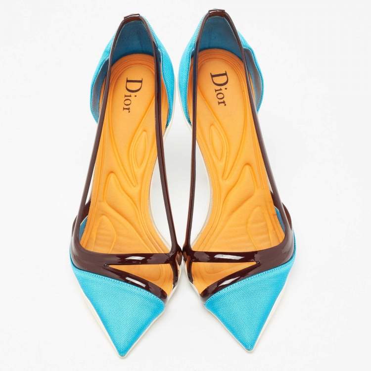 Pre Owned Dior Blue/Dark Burgundy Canvas and Patent Leather Curved Heel Pumps Size 38.5