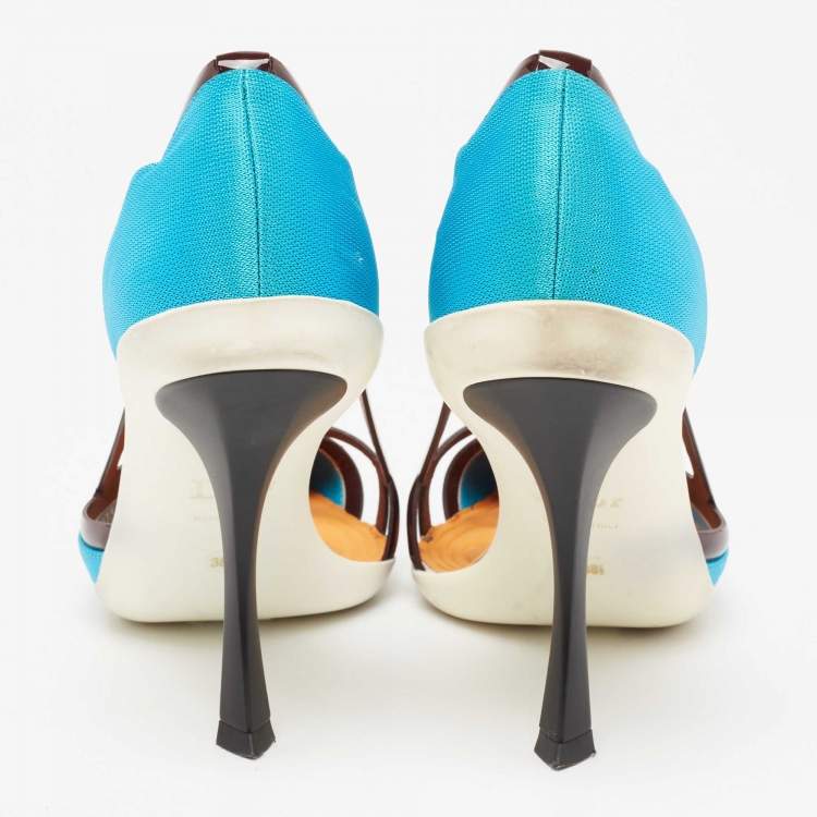 Pre Owned Dior Blue/Dark Burgundy Canvas and Patent Leather Curved Heel Pumps Size 38.5