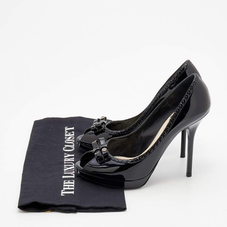 Pre Owned Dior Black Patent Leather Bow Peep Toe Platform Pumps Size 37.5