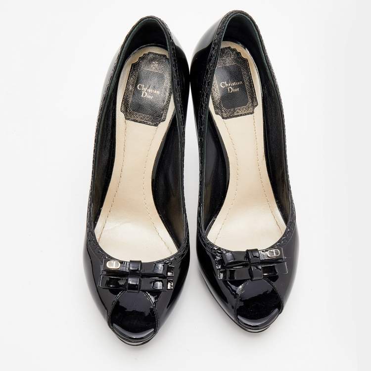 Pre Owned Dior Black Patent Leather Bow Peep Toe Platform Pumps Size 37.5