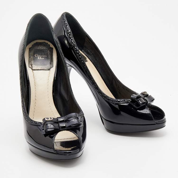 Pre Owned Dior Black Patent Leather Bow Peep Toe Platform Pumps Size 37.5