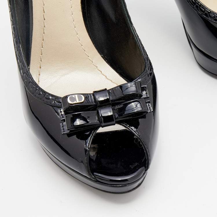 Pre Owned Dior Black Patent Leather Bow Peep Toe Platform Pumps Size 37.5