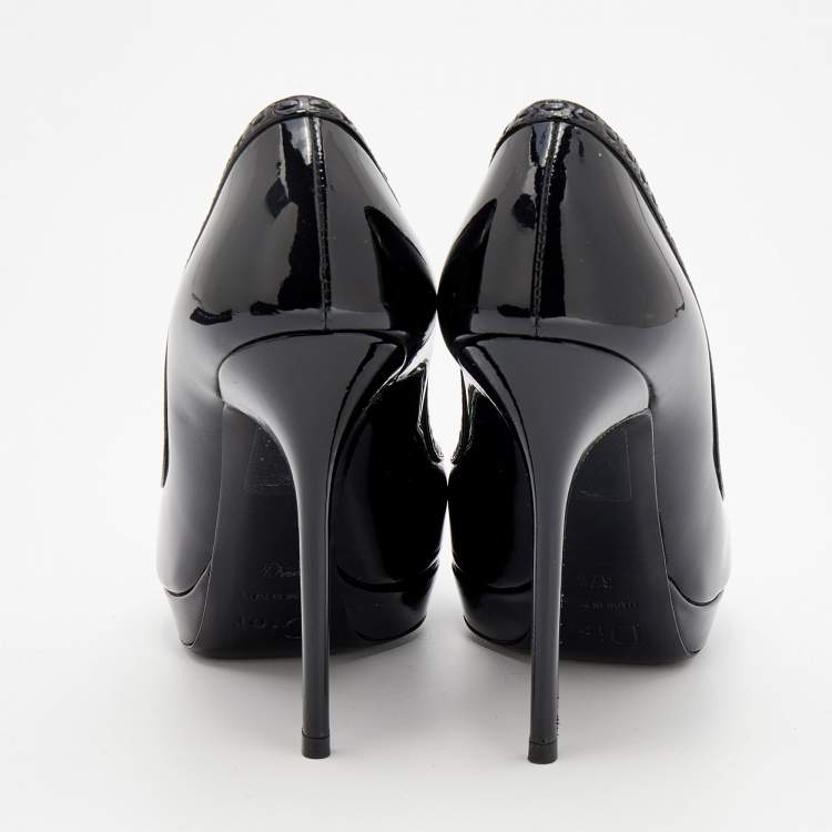Pre Owned Dior Black Patent Leather Bow Peep Toe Platform Pumps Size 37.5