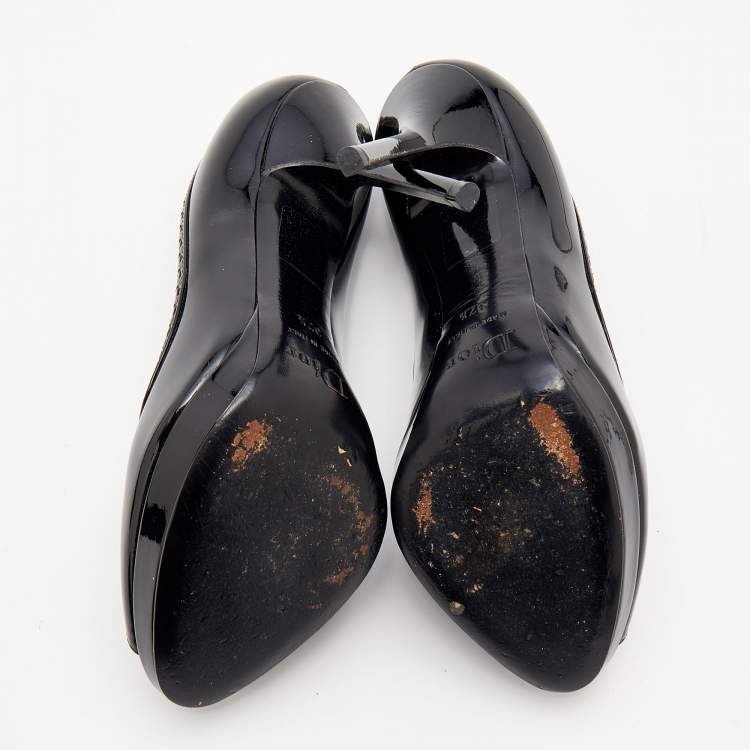 Pre Owned Dior Black Patent Leather Bow Peep Toe Platform Pumps Size 37.5