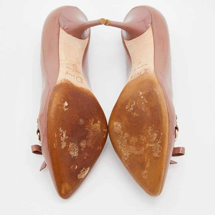 Pre Owned Dior Dusty Pink Patent Leather Bow Chain Detail Pumps Size 37
