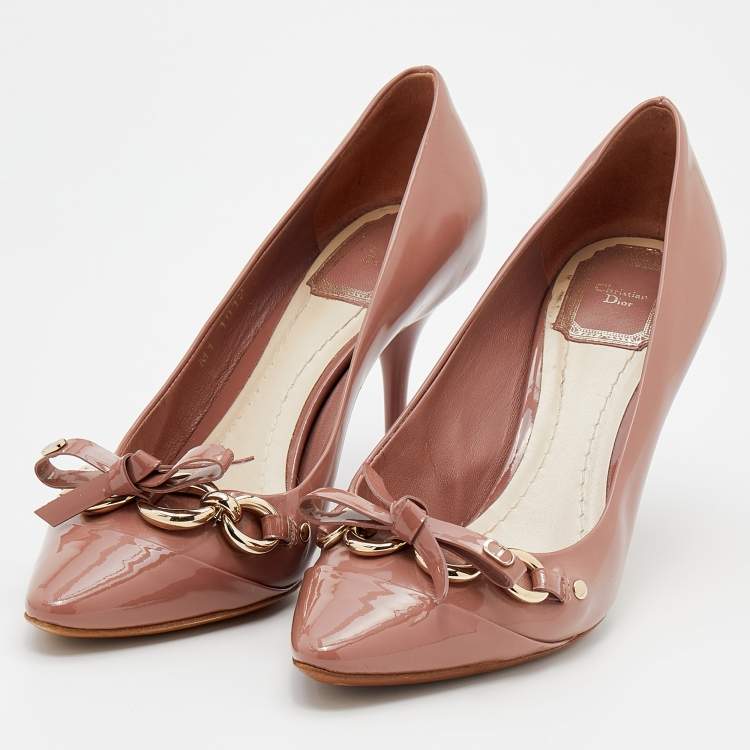 Pre Owned Dior Dusty Pink Patent Leather Bow Chain Detail Pumps Size 37