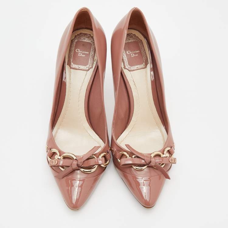 Pre Owned Dior Dusty Pink Patent Leather Bow Chain Detail Pumps Size 37