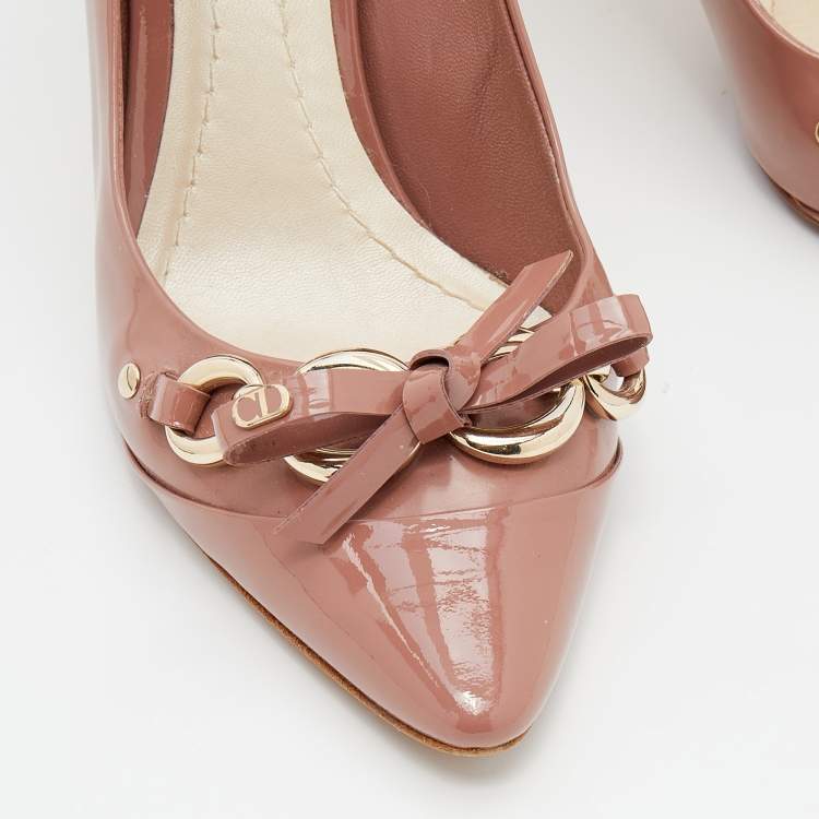 Pre Owned Dior Dusty Pink Patent Leather Bow Chain Detail Pumps Size 37